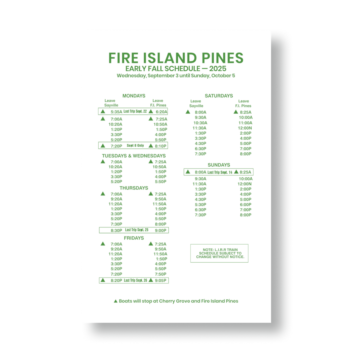 Ferry Schedule, Early Fall 2025